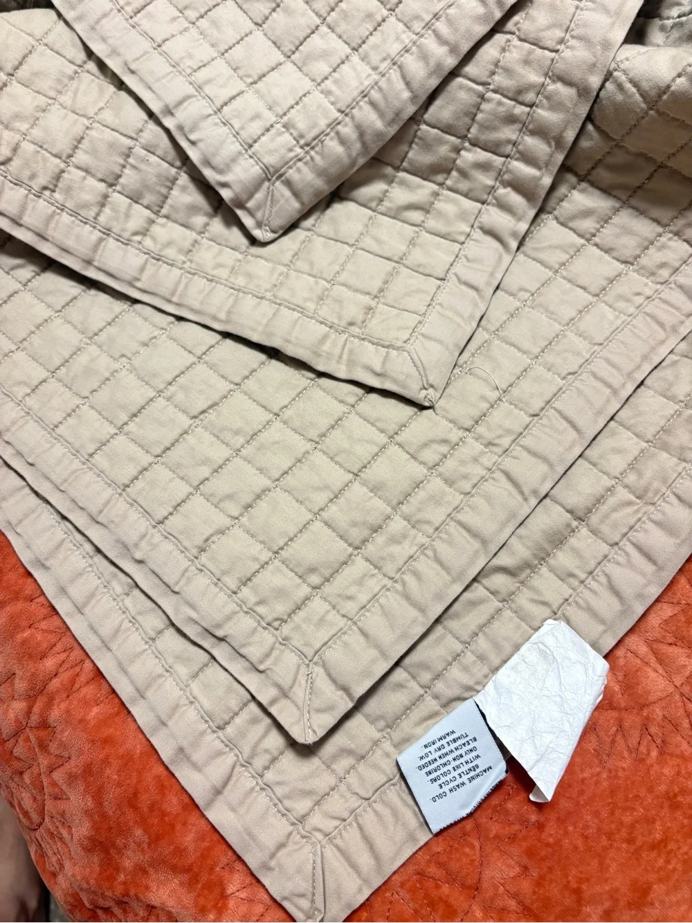 Hotel Collection King Quilt Tan 100% Pima Cotton Square Quilted Coverlet